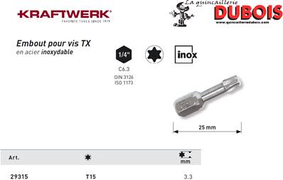 Embout Inox TX 1/4" 25 mm T15 KRAFTWERK 29315