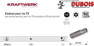 Embout Rési-TX 1/4" 25mm T15 a. trou,5pc