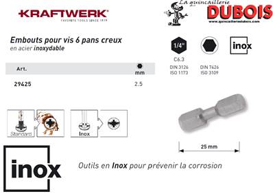 Embout Inox 6 pans creux 1/4" 25 mm 2.5 KRAFTWERK 29425