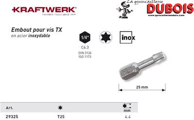 Embout Inox TX 1/4" 25 mm T25 KRAFTWERK 29325