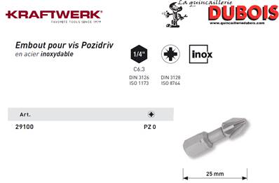 Embout Inox Pozidriv 1/4" 25 mm No. 0 KRAFTWERK 29100