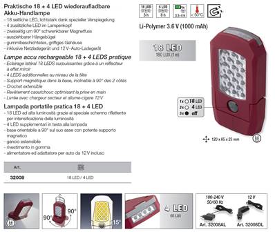 Lampe 18+4 LEDS à accu Li-Ion 3.6 V