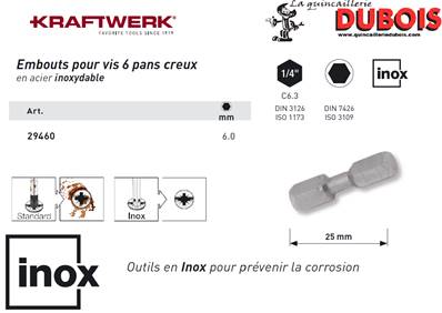Embout Inox 6 pans creux 1/4" 25 mm 6 mm KRAFTWERK 29460