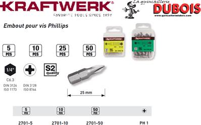 Embout Phillips 1/4" 25 mm No.1,5pcs