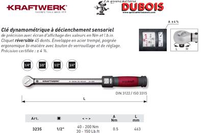 Clé dynamométrique cliquet 1/2 40-200 Nm