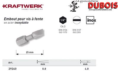 Embout Inox à fente 1/4" 25 mm 4.0x0.8mm KRAFTWERK 29240