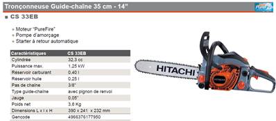 Tronçonneuse bois 35 cm thermique 32.3cc CS33EB Hitach Promotion