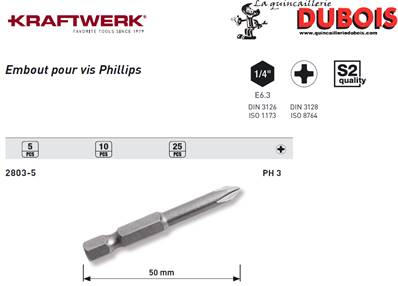 Embout Phillips 1/4" 50 mm No. 3, 5pcs