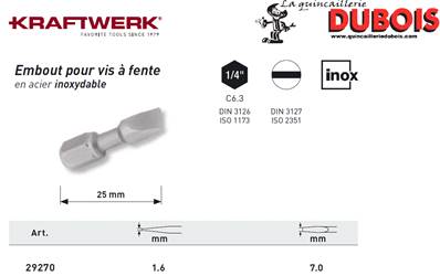 Embout Inox à fente 1/4" 25mm 7.0x1.6 mm KRAFTWERK 29270