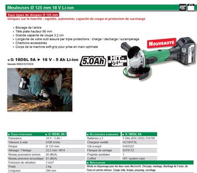 Meuleuse 125mm 18 volts solo PROMO Hitachi
