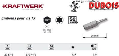 Embout TX 1/4" 25 mm T27, 5pcs