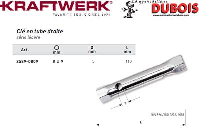 Clé en tube droite 8 x 9 mm