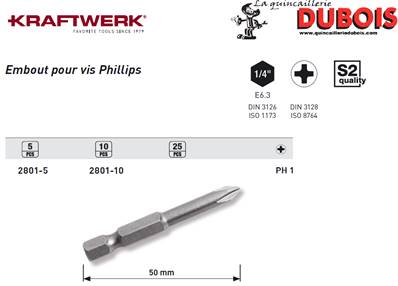 Embout Phillips 1/4" 50 mm No. 1, 5pcs