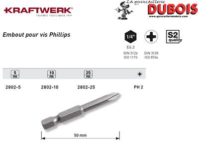 Embout Phillips 1/4" 50 mm No. 2, 5pcs