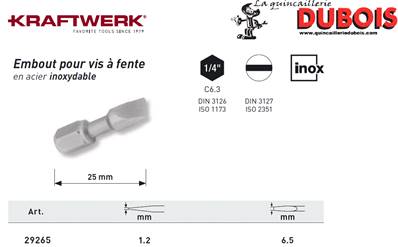 Embout Inox à fente 1/4" 25mm 6.5x1.2 mm KRAFTWERK 29265