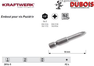 Embout Pozidriv 1/4" 50 mm No. 4, 5pcs