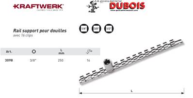 Rail de douilles avec 16 clips 3/8"
