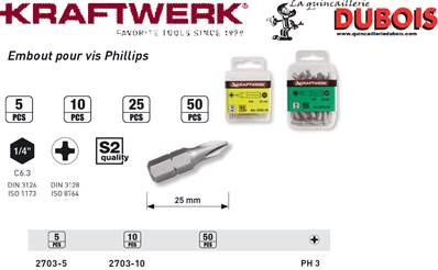 Embout Phillips 1/4" 25 mm No.3,5pcs
