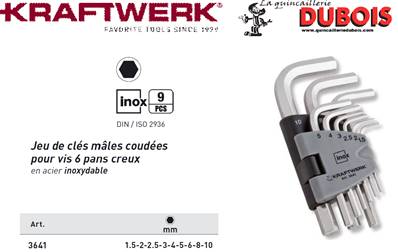 Jeu de 9 clés mâles hex. coudées inox