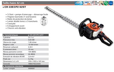 Taille haies PRO à double lame 62 cm 21.1C 0.65kW Hitachi CH22EBP262ST  PROMO
