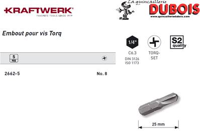 Embout Torq 1/4" 25 mm N° 8, 5 pcs.