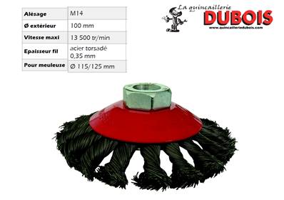 Brosse sur meuleuse cuvette 100mm alésage M14 fil 0.50 torsadée