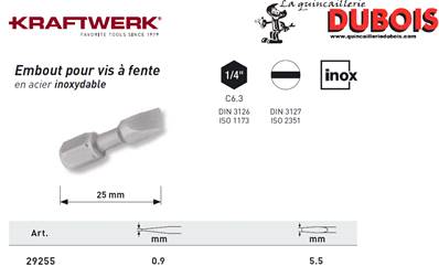 Embout Inox à fente 1/4" 25 mm 5.5x0.9mm KRAFTWERK 29255