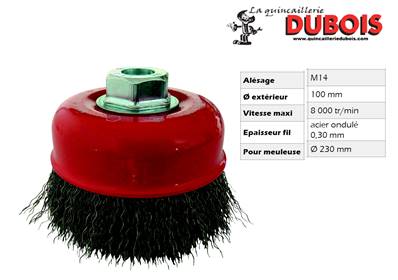 Brosse sur meuleuse conique 80mm alésage M14 fil 0.50 ondulé