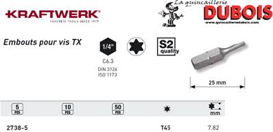 Embout TX 1/4" 25 mm T45, 5pcs